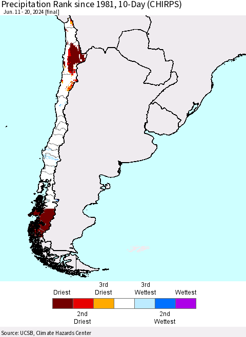 Chile Precipitation Rank since 1981, 10-Day (CHIRPS) Thematic Map For 6/11/2024 - 6/20/2024