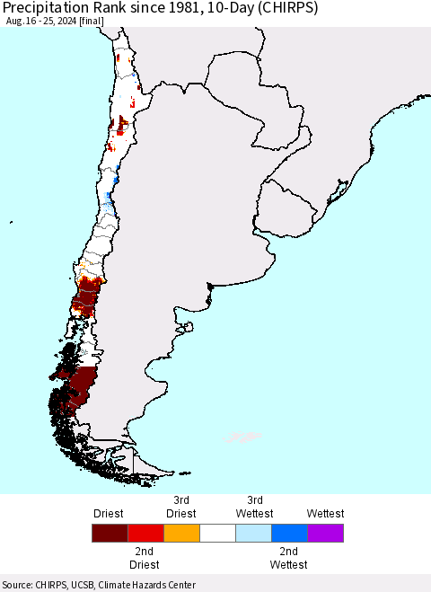 Chile Precipitation Rank since 1981, 10-Day (CHIRPS) Thematic Map For 8/16/2024 - 8/25/2024