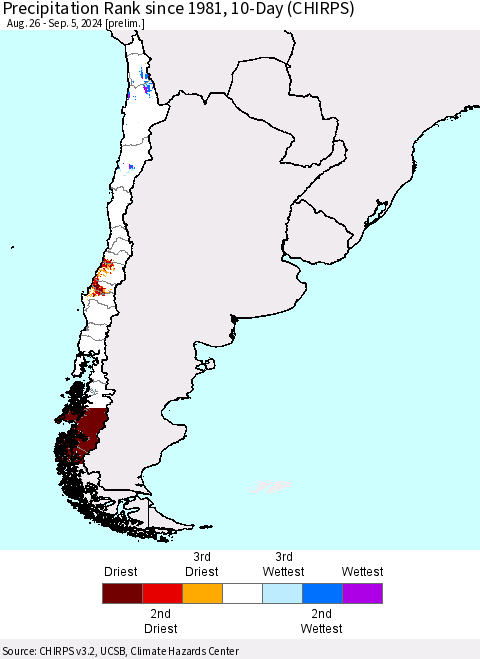 Chile Precipitation Rank since 1981, 10-Day (CHIRPS) Thematic Map For 8/26/2024 - 9/5/2024
