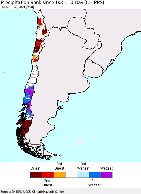 Chile Precipitation Rank since 1981, 10-Day (CHIRPS) Thematic Map For 9/21/2024 - 9/30/2024