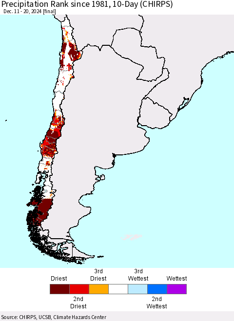 Chile Precipitation Rank since 1981, 10-Day (CHIRPS) Thematic Map For 12/11/2024 - 12/20/2024