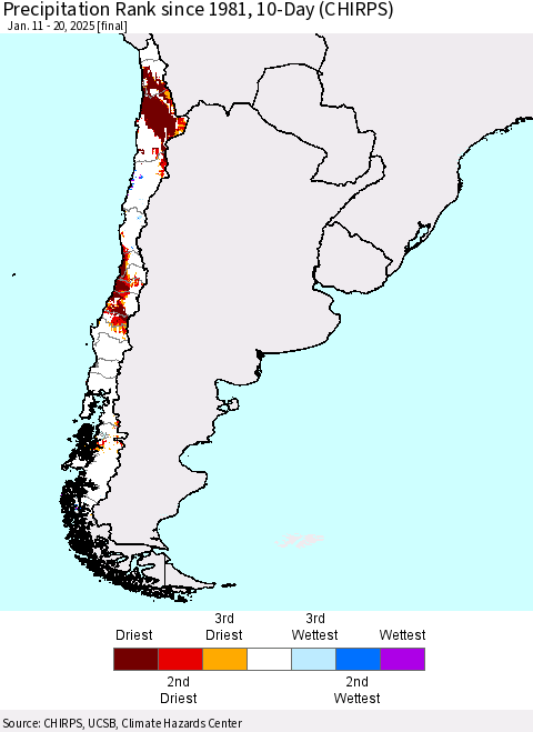 Chile Precipitation Rank since 1981, 10-Day (CHIRPS) Thematic Map For 1/11/2025 - 1/20/2025