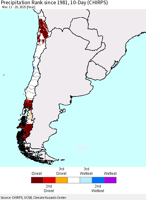 Chile Precipitation Rank since 1981, 10-Day (CHIRPS) Thematic Map For 3/11/2025 - 3/20/2025