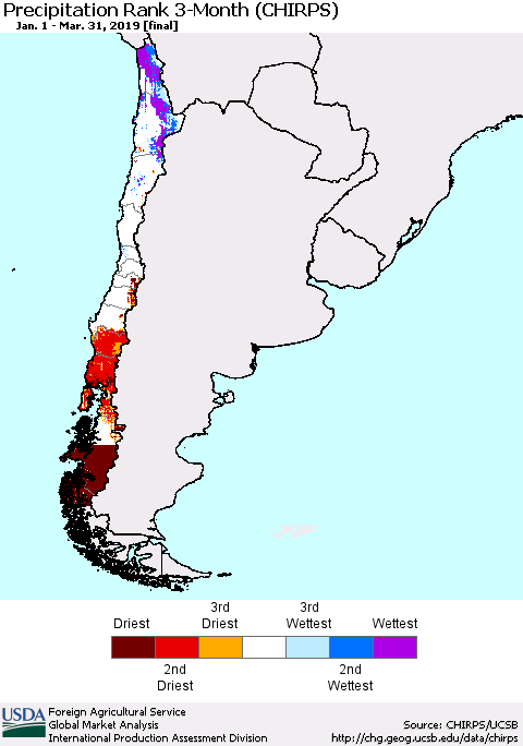 Chile Precipitation Rank since 1981, 3-Month (CHIRPS) Thematic Map For 1/1/2019 - 3/31/2019