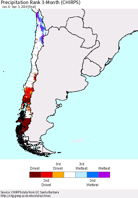 Chile Precipitation Rank since 1981, 3-Month (CHIRPS) Thematic Map For 1/6/2019 - 4/5/2019