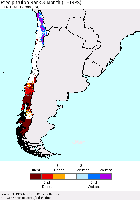 Chile Precipitation Rank since 1981, 3-Month (CHIRPS) Thematic Map For 1/11/2019 - 4/10/2019