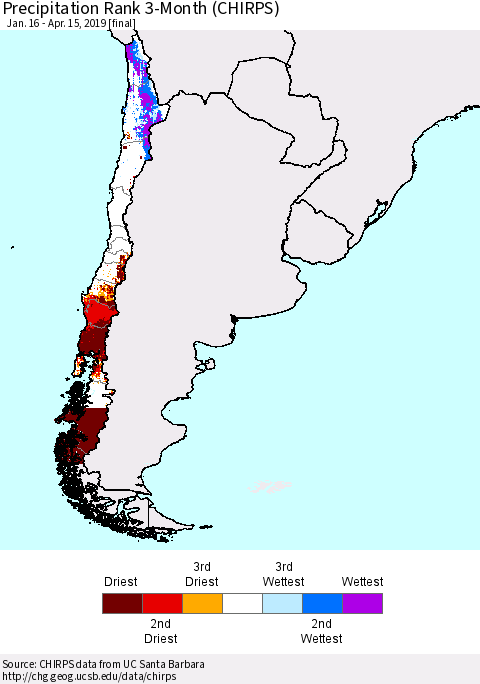 Chile Precipitation Rank since 1981, 3-Month (CHIRPS) Thematic Map For 1/16/2019 - 4/15/2019