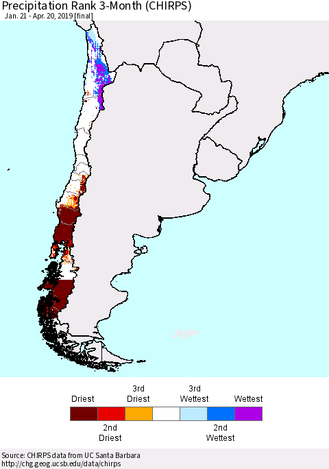 Chile Precipitation Rank since 1981, 3-Month (CHIRPS) Thematic Map For 1/21/2019 - 4/20/2019