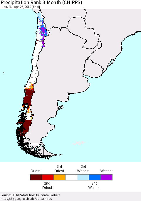 Chile Precipitation Rank since 1981, 3-Month (CHIRPS) Thematic Map For 1/26/2019 - 4/25/2019
