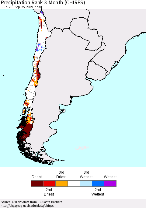 Chile Precipitation Rank since 1981, 3-Month (CHIRPS) Thematic Map For 6/26/2019 - 9/25/2019