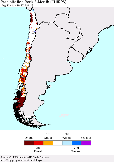 Chile Precipitation Rank 3-Month (CHIRPS) Thematic Map For 8/11/2019 - 11/10/2019