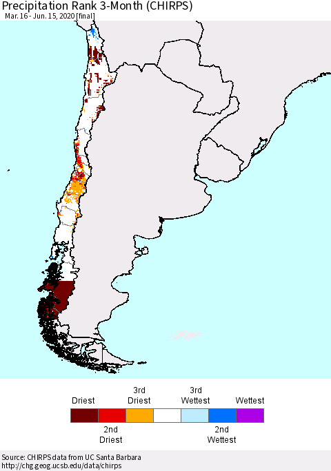 Chile Precipitation Rank 3-Month (CHIRPS) Thematic Map For 3/16/2020 - 6/15/2020