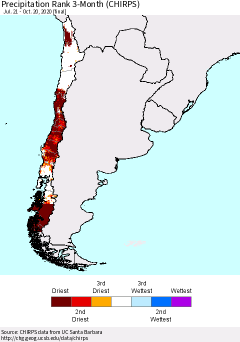 Chile Precipitation Rank 3-Month (CHIRPS) Thematic Map For 7/21/2020 - 10/20/2020