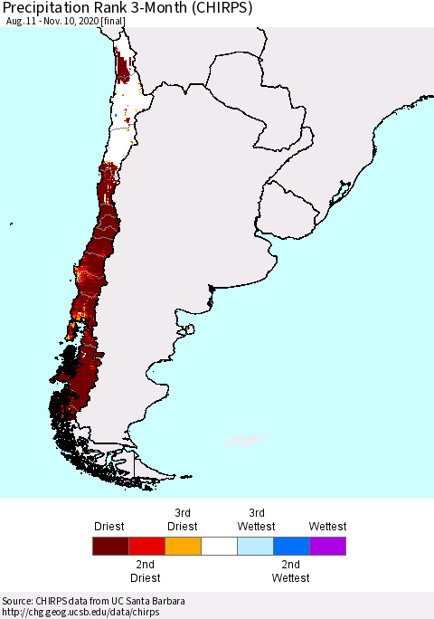 Chile Precipitation Rank 3-Month (CHIRPS) Thematic Map For 8/11/2020 - 11/10/2020