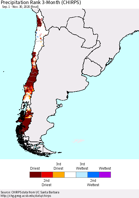Chile Precipitation Rank since 1981, 3-Month (CHIRPS) Thematic Map For 9/1/2020 - 11/30/2020