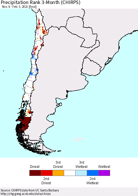 Chile Precipitation Rank since 1981, 3-Month (CHIRPS) Thematic Map For 11/6/2020 - 2/5/2021