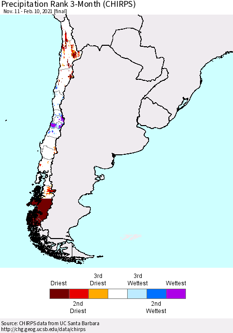 Chile Precipitation Rank since 1981, 3-Month (CHIRPS) Thematic Map For 11/11/2020 - 2/10/2021
