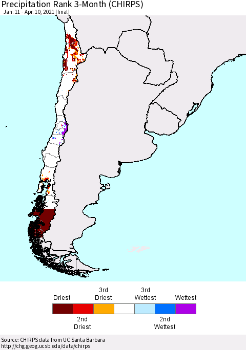 Chile Precipitation Rank since 1981, 3-Month (CHIRPS) Thematic Map For 1/11/2021 - 4/10/2021