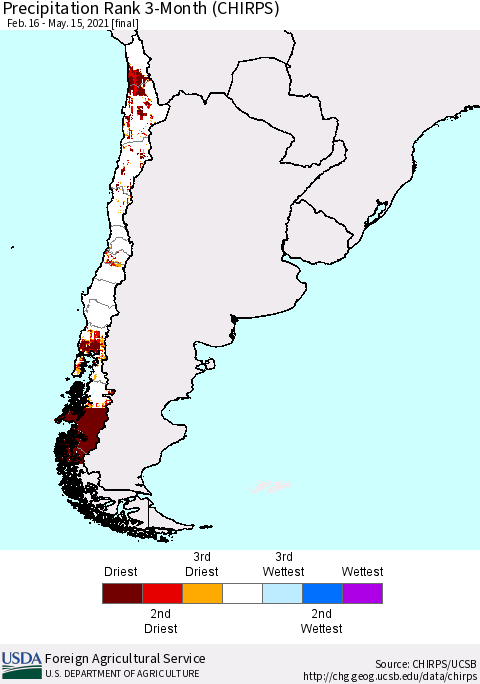 Chile Precipitation Rank since 1981, 3-Month (CHIRPS) Thematic Map For 2/16/2021 - 5/15/2021