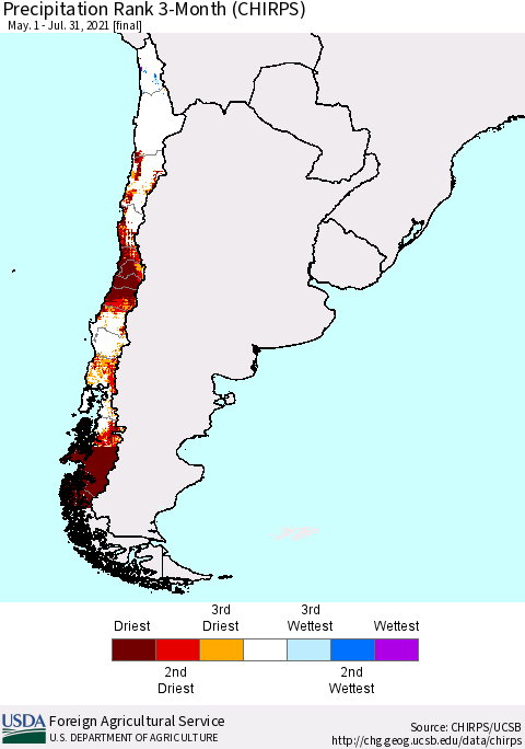 Chile Precipitation Rank 3-Month (CHIRPS) Thematic Map For 5/1/2021 - 7/31/2021