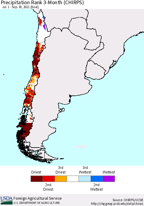 Chile Precipitation Rank since 1981, 3-Month (CHIRPS) Thematic Map For 7/1/2021 - 9/30/2021