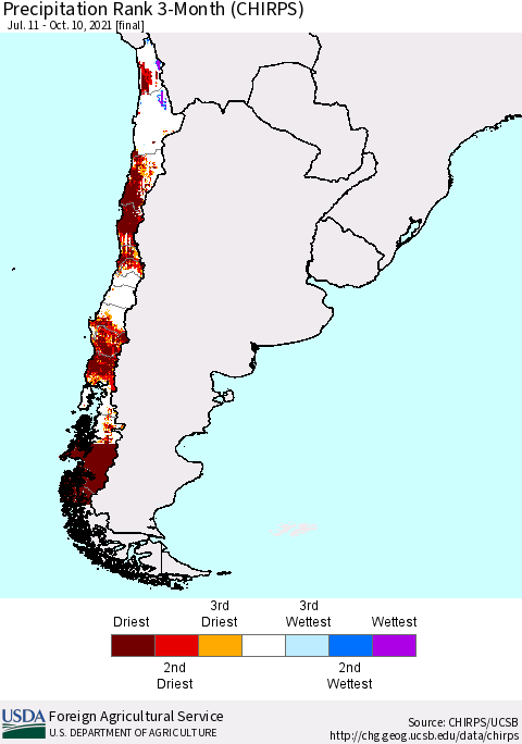 Chile Precipitation Rank 3-Month (CHIRPS) Thematic Map For 7/11/2021 - 10/10/2021