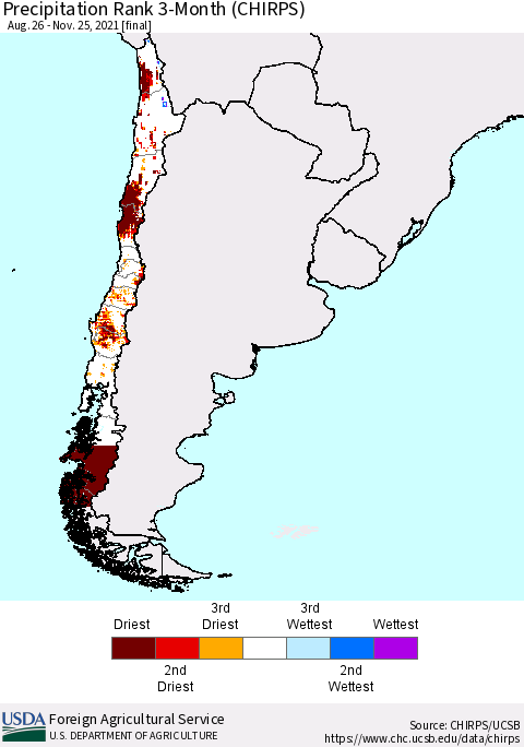 Chile Precipitation Rank 3-Month (CHIRPS) Thematic Map For 8/26/2021 - 11/25/2021