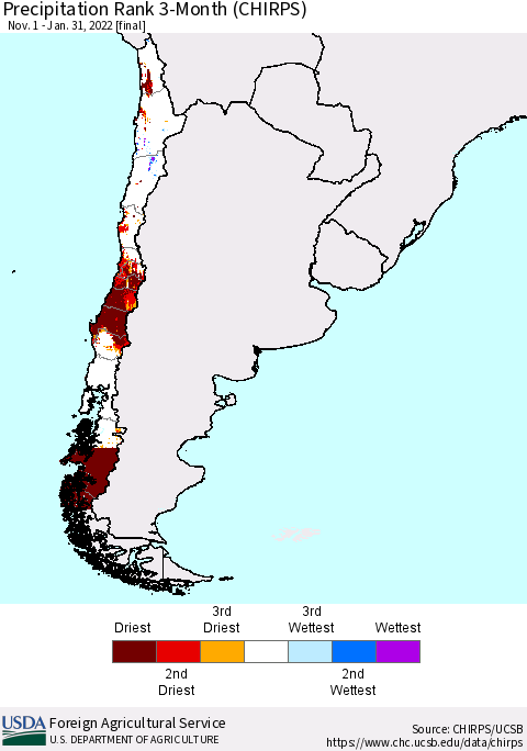 Chile Precipitation Rank since 1981, 3-Month (CHIRPS) Thematic Map For 11/1/2021 - 1/31/2022