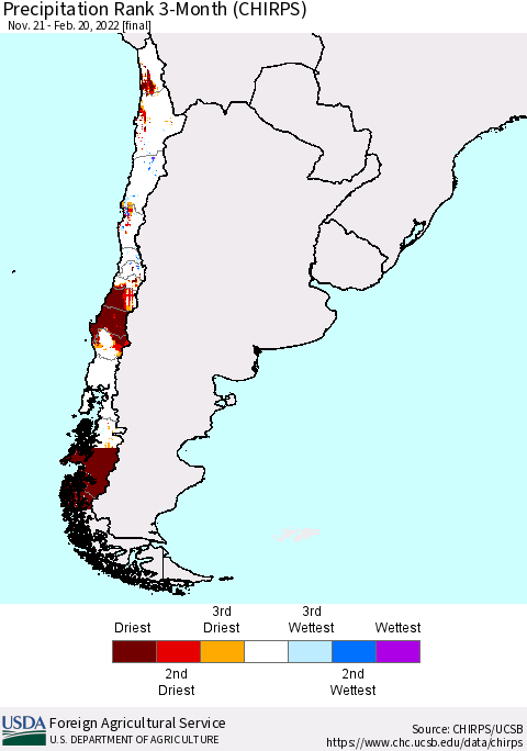 Chile Precipitation Rank 3-Month (CHIRPS) Thematic Map For 11/21/2021 - 2/20/2022