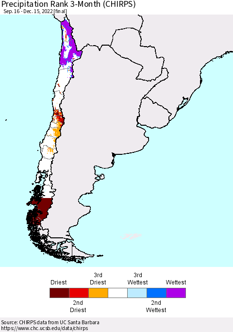 Chile Precipitation Rank 3-Month (CHIRPS) Thematic Map For 9/16/2022 - 12/15/2022