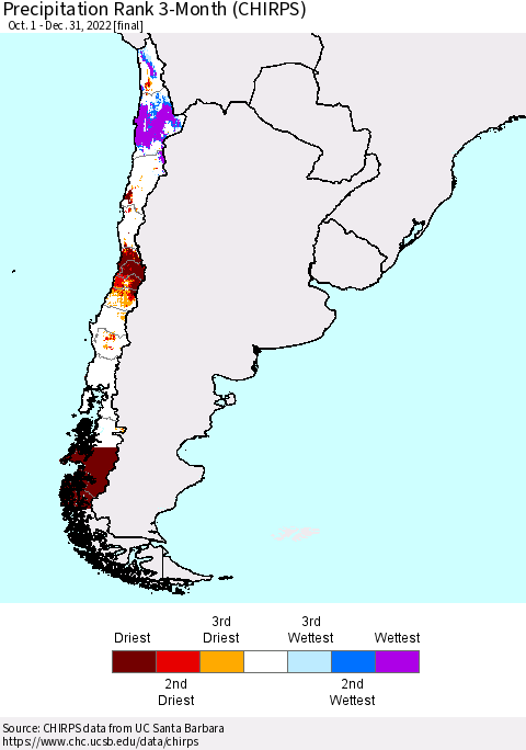 Chile Precipitation Rank 3-Month (CHIRPS) Thematic Map For 10/1/2022 - 12/31/2022