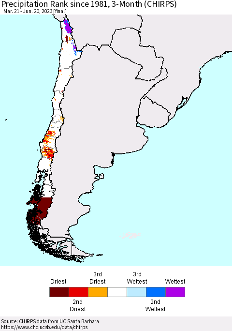 Chile Precipitation Rank since 1981, 3-Month (CHIRPS) Thematic Map For 3/21/2023 - 6/20/2023