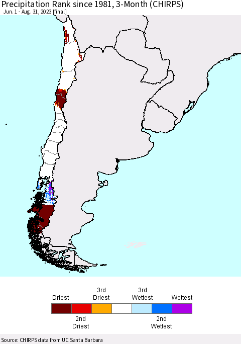 Chile Precipitation Rank since 1981, 3-Month (CHIRPS) Thematic Map For 6/1/2023 - 8/31/2023