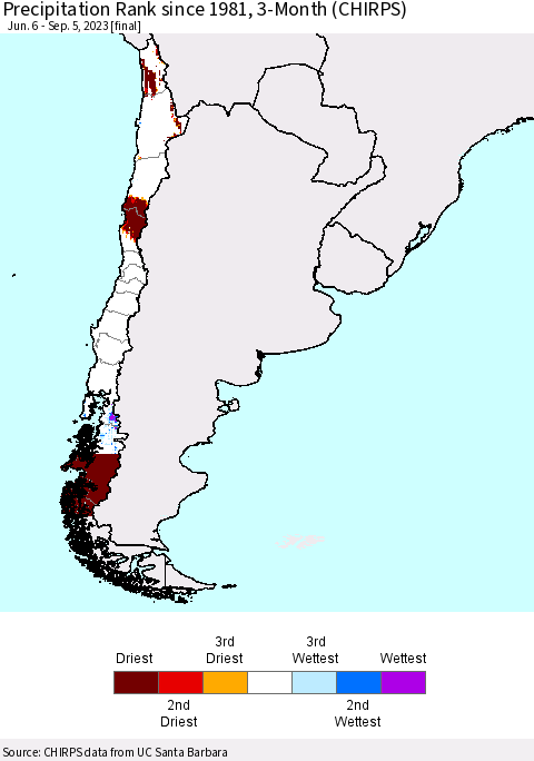 Chile Precipitation Rank since 1981, 3-Month (CHIRPS) Thematic Map For 6/6/2023 - 9/5/2023