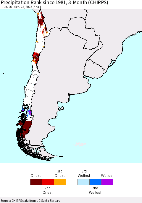 Chile Precipitation Rank since 1981, 3-Month (CHIRPS) Thematic Map For 6/26/2023 - 9/25/2023