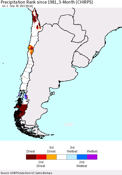Chile Precipitation Rank since 1981, 3-Month (CHIRPS) Thematic Map For 7/1/2023 - 9/30/2023
