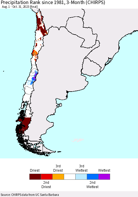 Chile Precipitation Rank since 1981, 3-Month (CHIRPS) Thematic Map For 8/1/2023 - 10/31/2023