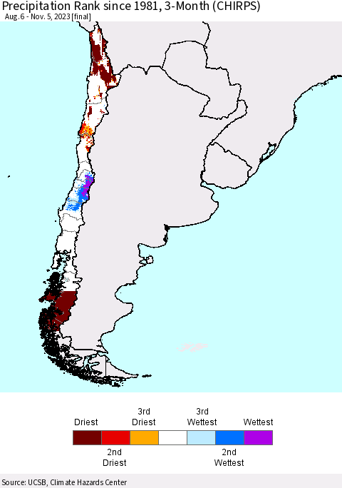 Chile Precipitation Rank since 1981, 3-Month (CHIRPS) Thematic Map For 8/6/2023 - 11/5/2023