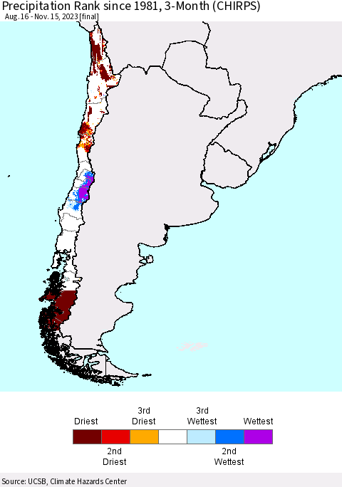 Chile Precipitation Rank since 1981, 3-Month (CHIRPS) Thematic Map For 8/16/2023 - 11/15/2023