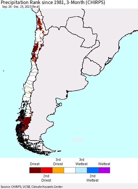 Chile Precipitation Rank since 1981, 3-Month (CHIRPS) Thematic Map For 9/26/2023 - 12/25/2023