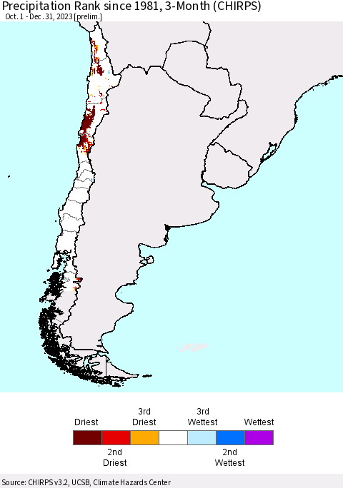 Chile Precipitation Rank since 1981, 3-Month (CHIRPS) Thematic Map For 10/1/2023 - 12/31/2023