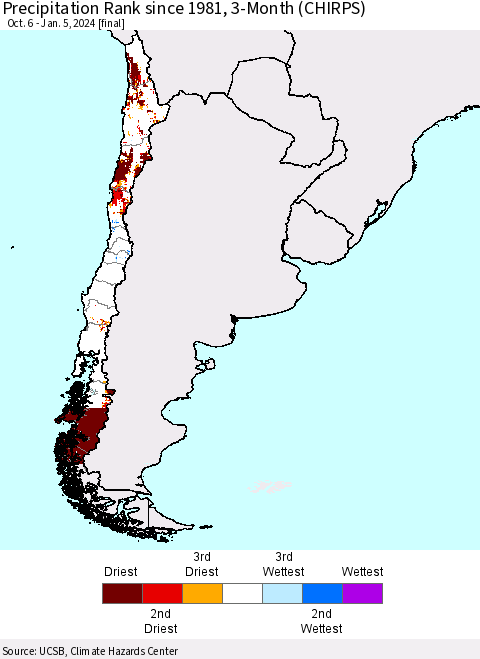 Chile Precipitation Rank since 1981, 3-Month (CHIRPS) Thematic Map For 10/6/2023 - 1/5/2024