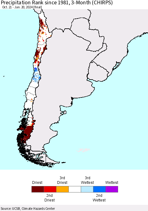 Chile Precipitation Rank since 1981, 3-Month (CHIRPS) Thematic Map For 10/21/2023 - 1/20/2024