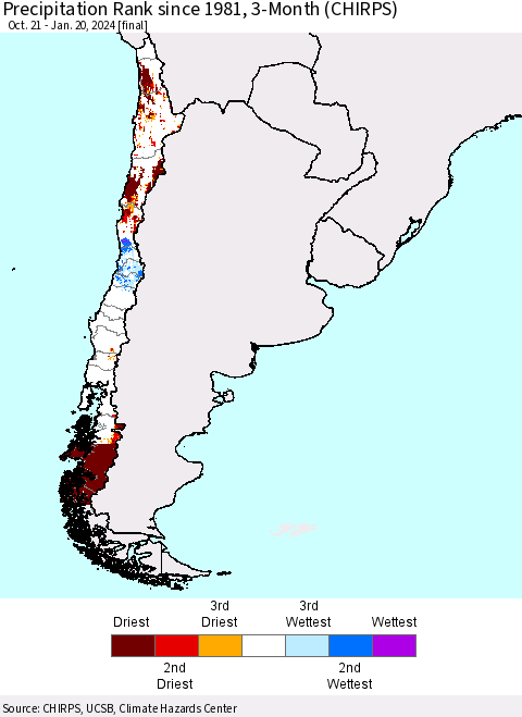 Chile Precipitation Rank since 1981, 3-Month (CHIRPS) Thematic Map For 10/21/2023 - 1/20/2024