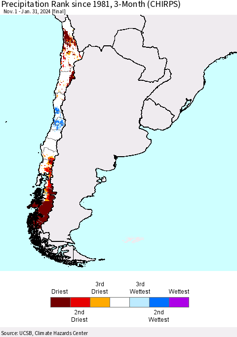 Chile Precipitation Rank since 1981, 3-Month (CHIRPS) Thematic Map For 11/1/2023 - 1/31/2024