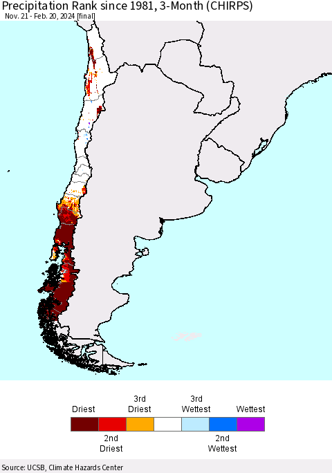 Chile Precipitation Rank since 1981, 3-Month (CHIRPS) Thematic Map For 11/21/2023 - 2/20/2024