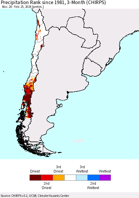 Chile Precipitation Rank since 1981, 3-Month (CHIRPS) Thematic Map For 11/26/2023 - 2/25/2024