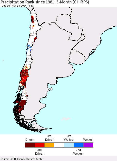 Chile Precipitation Rank since 1981, 3-Month (CHIRPS) Thematic Map For 12/16/2023 - 3/15/2024