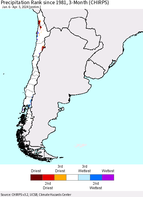 Chile Precipitation Rank since 1981, 3-Month (CHIRPS) Thematic Map For 1/6/2024 - 4/5/2024