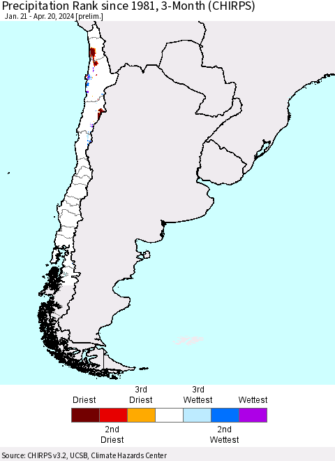 Chile Precipitation Rank since 1981, 3-Month (CHIRPS) Thematic Map For 1/21/2024 - 4/20/2024